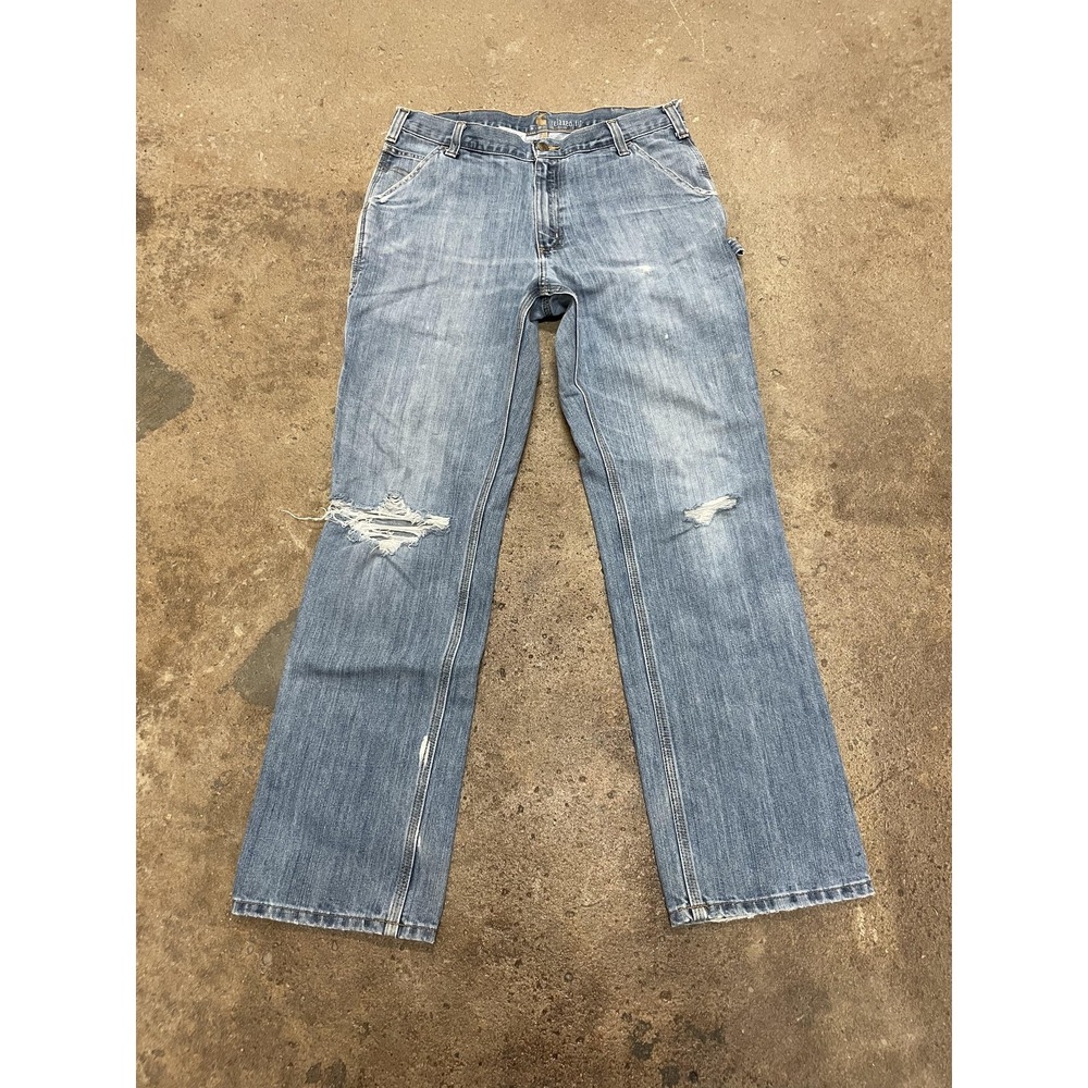 Carhartt Jeans‎ Mens 34x34 Light Wash Blue Relaxed Fit Carpenter Distressed